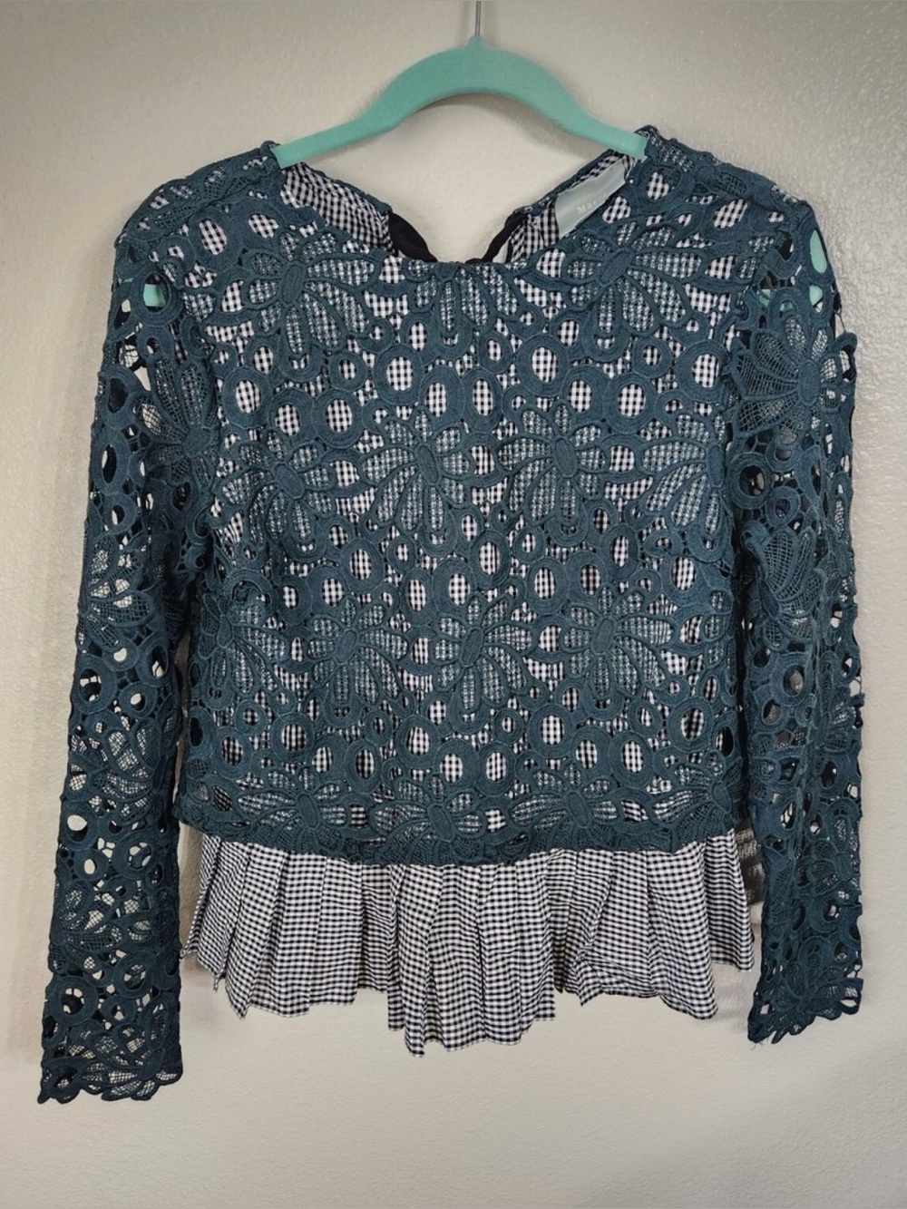 Anthropologie Maeve Gabriella Gingham Lace Peplum Top Green ,Large